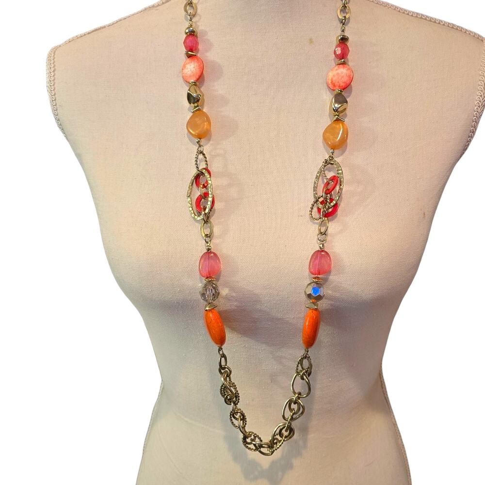 Necklace Ruby Rd Mixed Beaded Chain Gold Tone Statement Long Acrylic SKU 2297